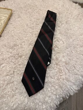 Dior Black Silk Tie with Red and Blue Pinstripes